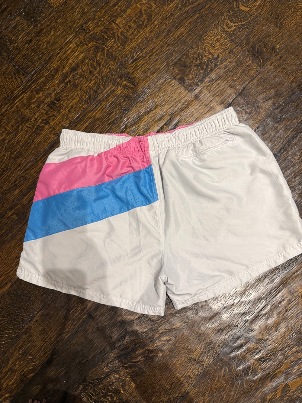 White Athletic Shorts with Pink and Blue Diagonal Panels - Picture 2 of 3